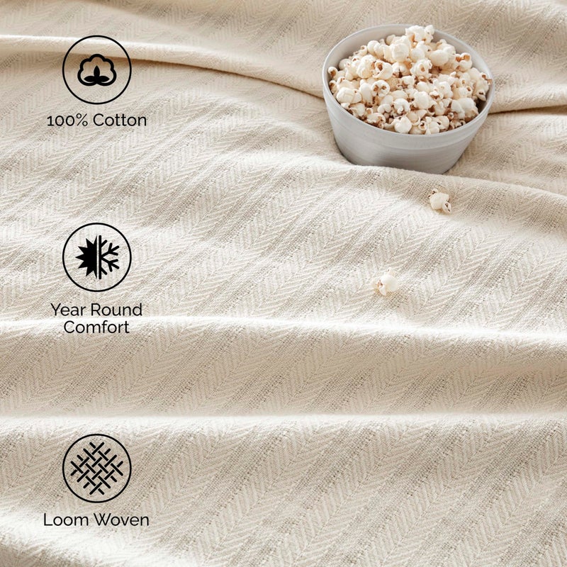 Vellux 1B07215 Cotton 360 GSM Premium Breathable Cozy Lightweight Soft Chevron Weave Herringbone Blanket Machine Washable Bed Sofa All Seasons Layering Blankets, Twin, Ivory - Image 3